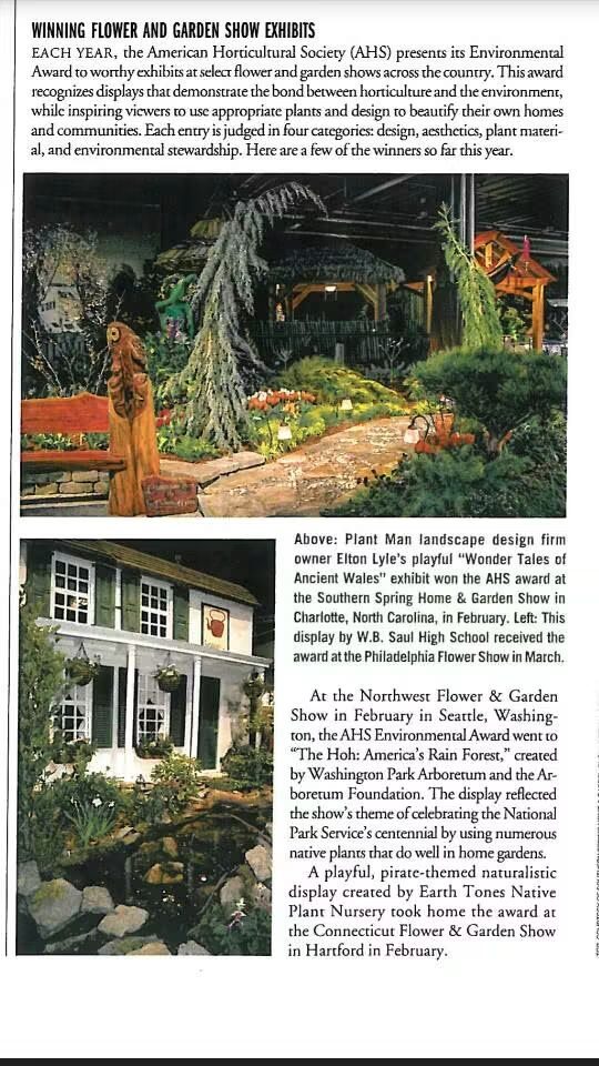 Magazine article page from The American Gardener featuring Plant Man's award-winning show garden exhibit