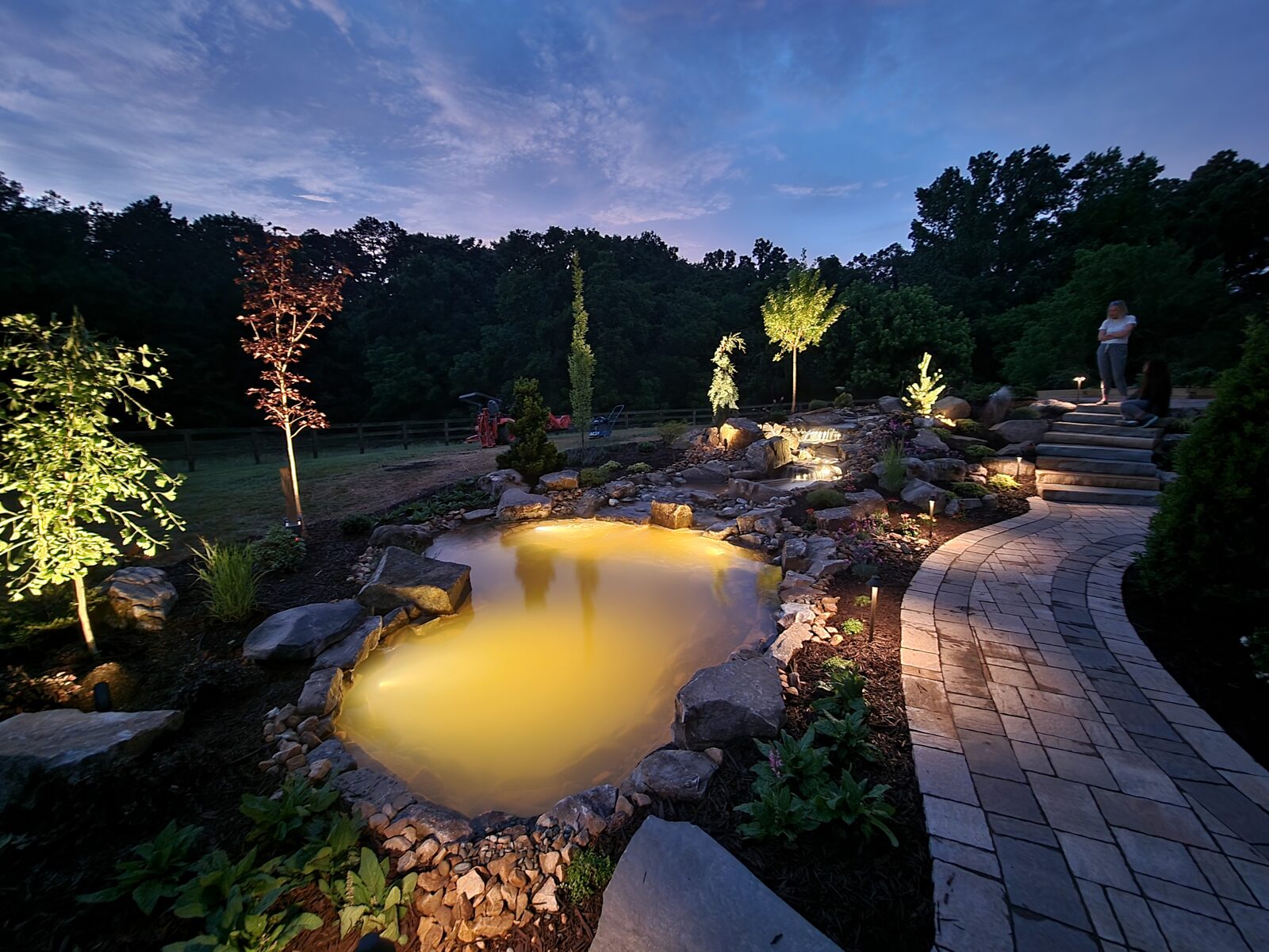 The koi pond underlit at dusk, with uplit trees along the path