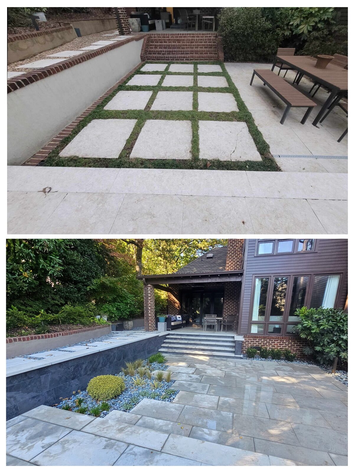 Checkerboard limestone paver and planting-pocket pattern beside the finished house and covered patio