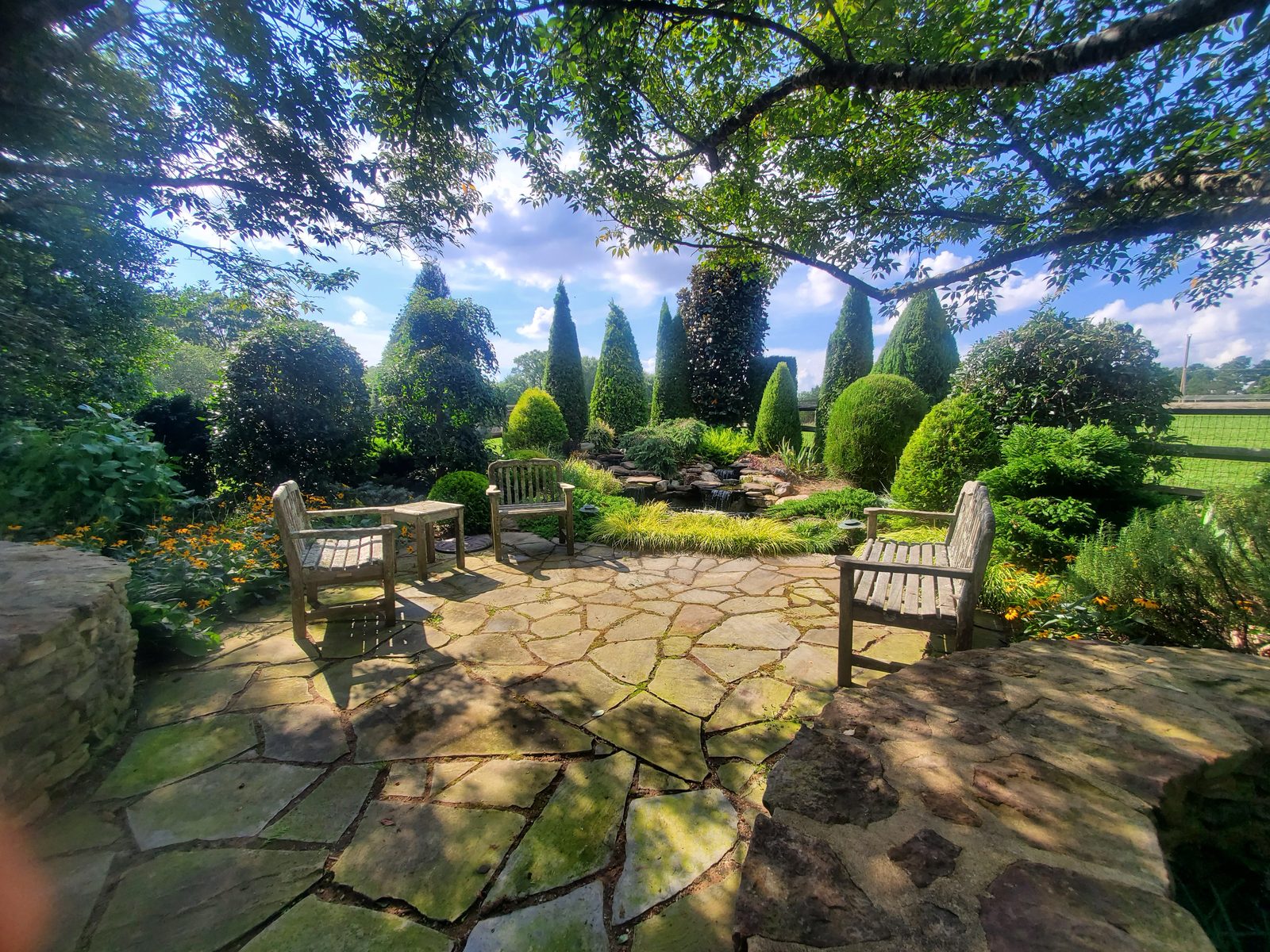 Lake Wylie flagstone patio and garden at golden hour